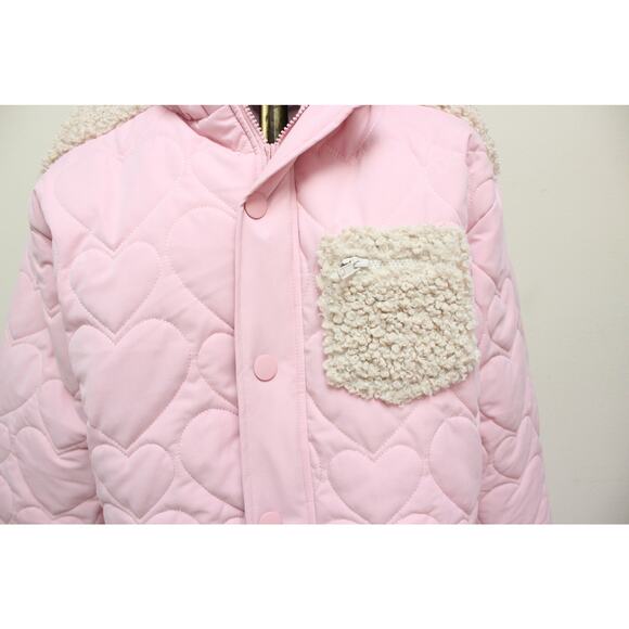 NWT For Love & Lemons Pink Ruffle Heart Puffer Sherpa Cropped Jacket Size XS - Picture 3 of 6